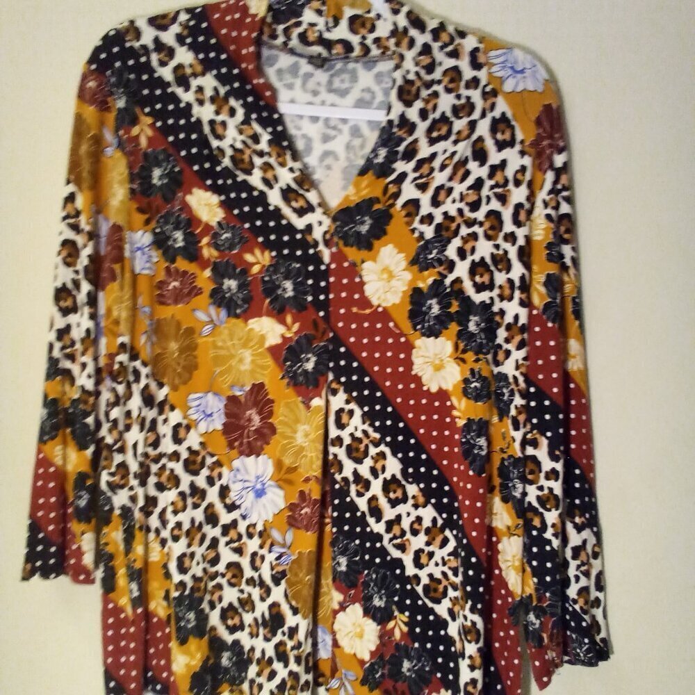 Cable & Gauge Shirt Women L 3/4 Sleeve Pattern Black Brown